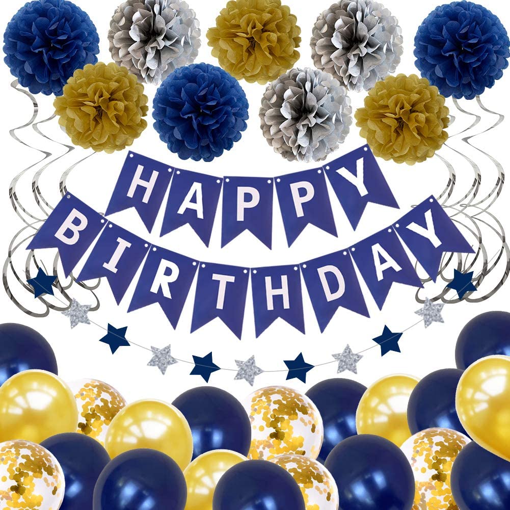 Birthday Decoration for Men Women Blue and Gold Birthday Party